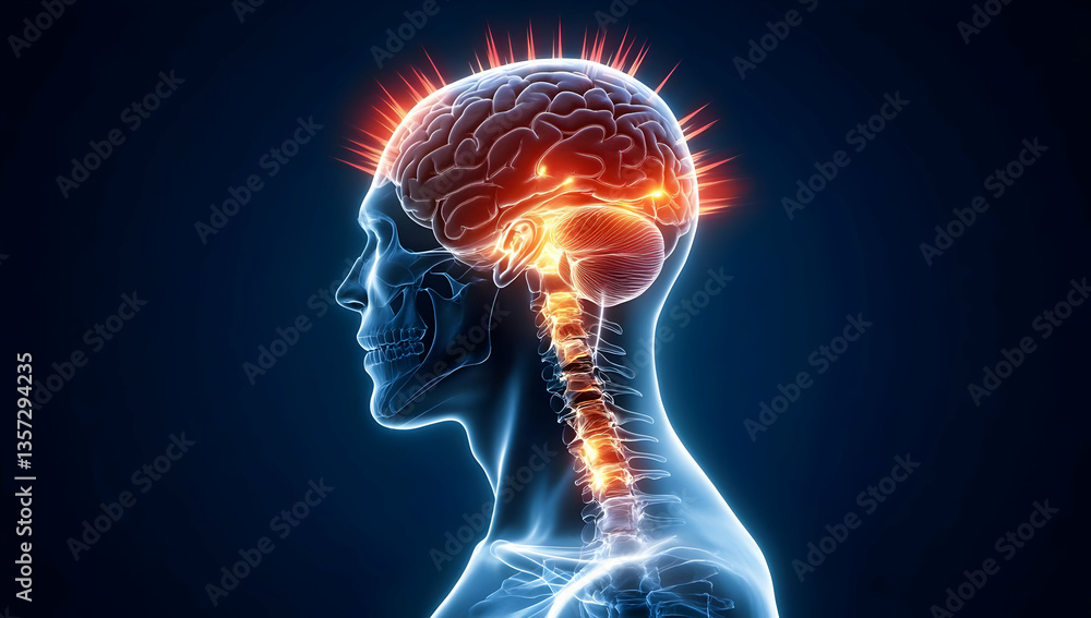 A conceptual illustration of the human brain and spinal cord, highlighting neural connections and activity in a vivid display. A conceptual illustration of the human brain and spinal cord, highlighting neural connections and activity in a vivid display.