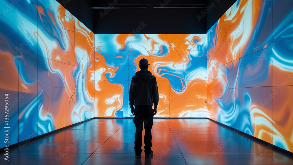 Fototapeta premium Visitor observing immersive digital art installation with swirling colorful patterns