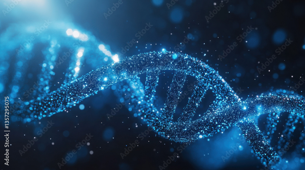 The structure of a double helix DNA strand is illuminated in blue tones, against a dark background, creating a captivating scientific representation
