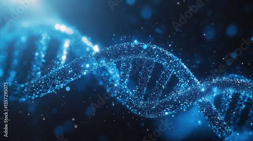 Obraz na płótnie The structure of a double helix DNA strand is illuminated in blue tones, against a dark background, creating a captivating scientific representation w salonie