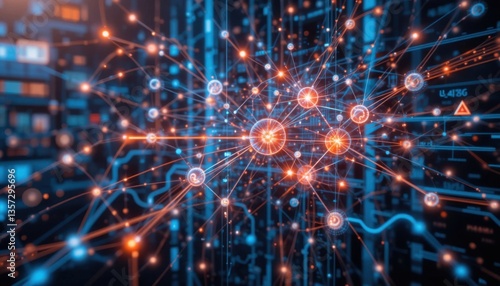 Digital Network: Illuminated pathways of data and information weave together in an intricate network of connections, a visual representation of modern technology.