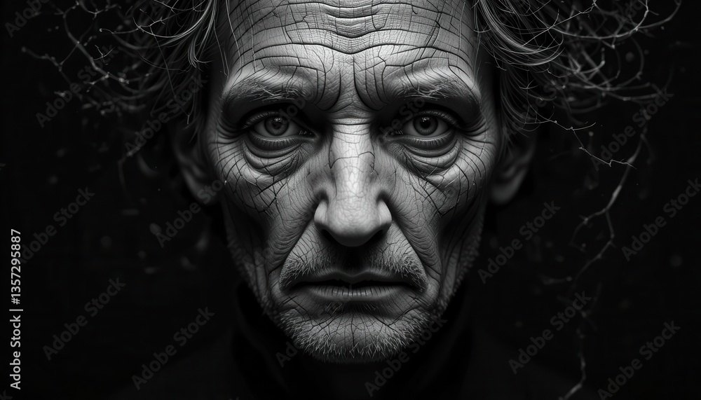 Contemplative Study: A close-up, monochrome portrait of an elderly man with a weathered face, evoking a sense of time, experience, and the passage of life. Contemplative Study: A close-up, monochrome portrait of an elderly man with a weathered face, evoking a sense of time, experience, and the passage of life.