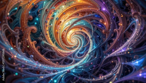 Celestial Vortex: A mesmerizing spiral of cosmic energy swirls with vibrant hues, creating a dynamic dance of light and color. The swirling vortex pulses with an otherworldly glow.