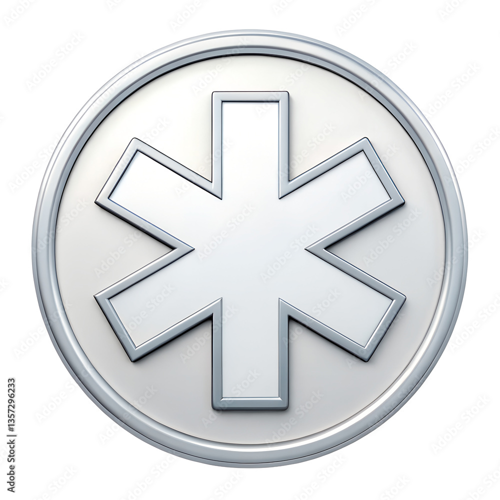 Obraz premium A white medical star of life with six arms on a silver background, symbolizing emergency medical services or healthcare.