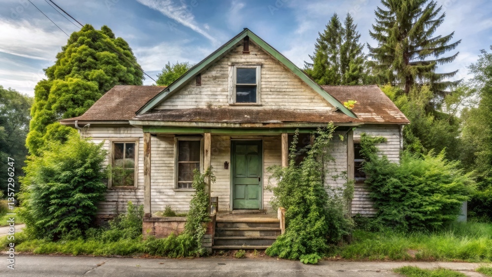 A weathered, abandoned house reclaimed by nature, showing signs of age and neglect, surrounded by lush green vegetation, evoking a sense of quiet solitude and forgotten memories. A weathered, abandoned house reclaimed by nature, showing signs of age and neglect, surrounded by lush green vegetation, evoking a sense of quiet solitude and forgotten memories.