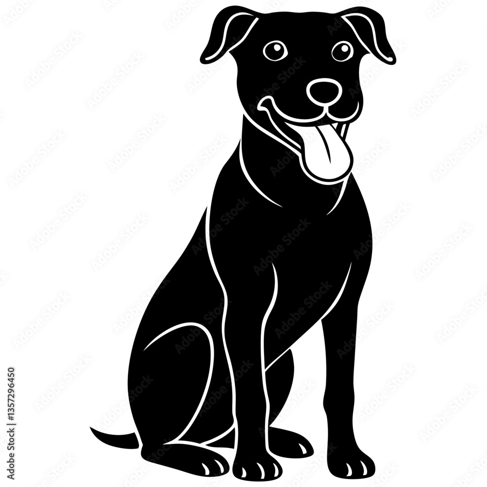 Fototapeta premium A vector silhouette of a dog sitting with its tongue out, looking alert, centered on a white background 