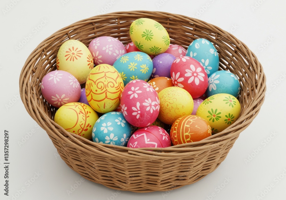 Colorful Easter Eggs in Wicker Basket - A wicker basket overflowing with brightly colored Easter eggs, symbolizing spring, new beginnings, hope, celebration, and family traditions Colorful Easter Eggs in Wicker Basket - A wicker basket overflowing with brightly colored Easter eggs, symbolizing spring, new beginnings, hope, celebration, and family traditions