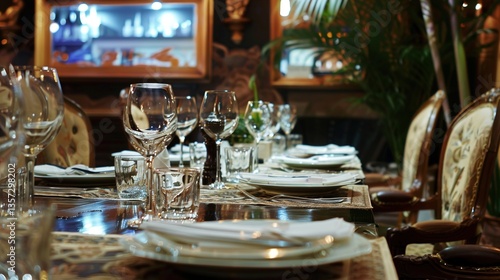 Dining table in the restaurant with elegant tableware, cozy ambiance, fine dining setup, modern decor, candlelight dinner, stylish interior