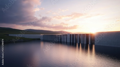 Wallpaper Mural A serene landscape featuring a dam at sunset, reflecting in still water, surrounded by rolling hills and dramatic clouds. Torontodigital.ca