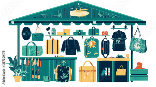 travel store vector illustration - minimalist luggage shop with suitcase, backpack and passport design