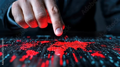 Global Network Monitoring:  A Hand Interacts with a Digital World Map Highlighting Critical Data Points