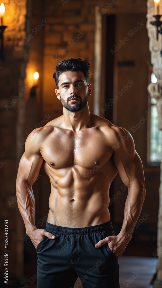 Fototapeta premium Clean shaven muscular man, dark hair handsome boyfriend, wears dark pants, setting dimly lit castle room; 8k, simple detail