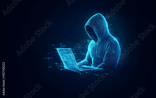 A digital representation of a hacker working on a laptop, surrounded by glowing binary codes and data streams.