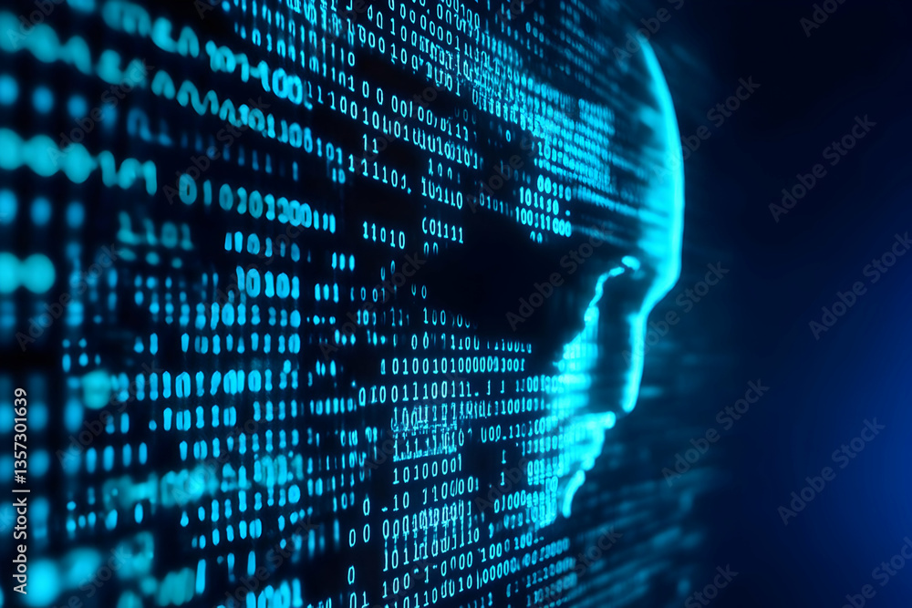 A digital representation of human face formed by binary code, symbolizing artificial intelligence and data processing. A digital representation of human face formed by binary code, symbolizing artificial intelligence and data processing.