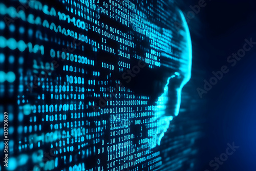 A digital representation of human face formed by binary code, symbolizing artificial intelligence and data processing.