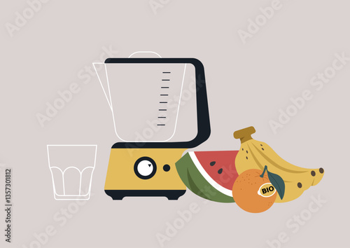 Brightly colored fruits await their turn in a classic kitchen blender, setting the stage for a delicious smoothie creation, beautifully displayed against a soft background