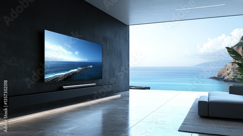 A contemporary living room with a large TV mounted on a matte black wall, showing a stunning ocean vista