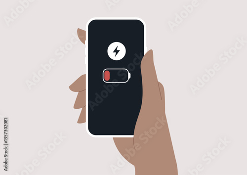 A handheld mobile device displaying a low battery warning captures the urgency of needing to recharge amidst a fast-paced daily life, emphasizing reliance on technology