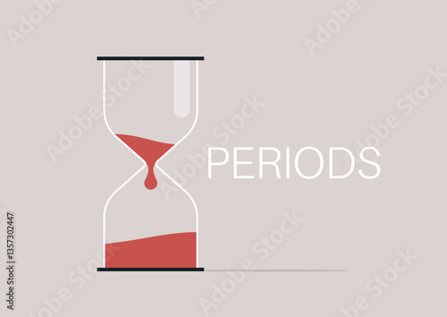 A unique hourglass filled with flowing red liquid symbolizes menstrual cycles, visually capturing the passage of time and the natural rhythm of periods in a striking, thought-provoking design