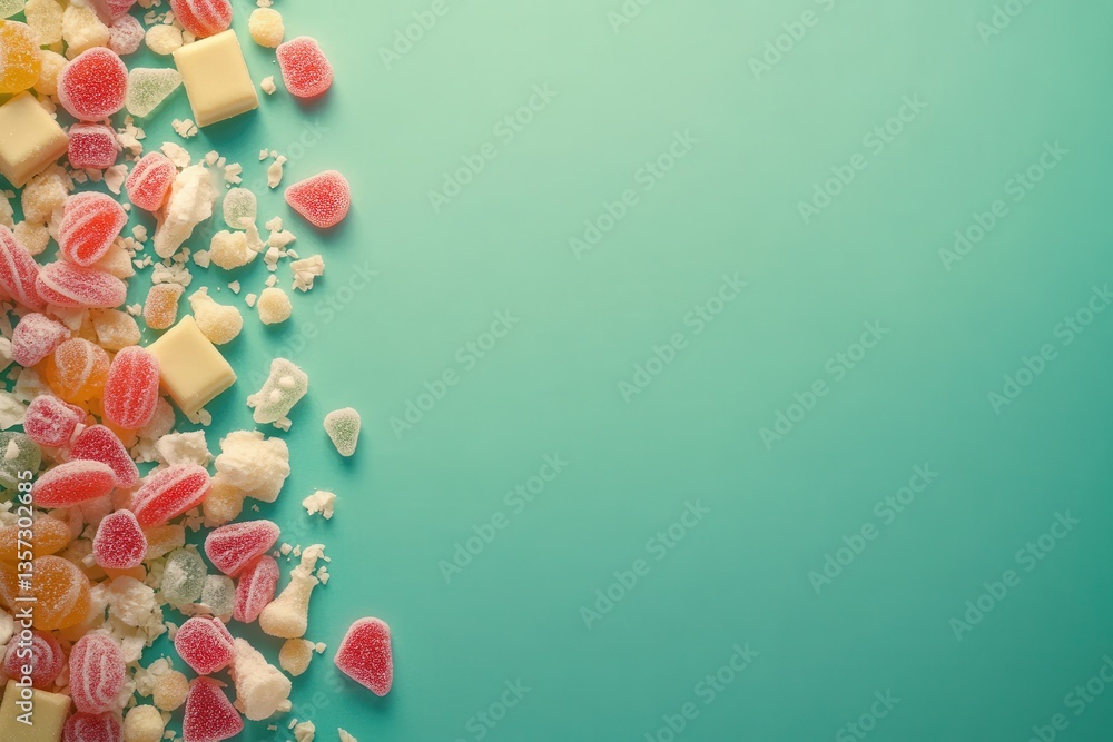 Obraz premium Colorful Assortment of Candy and Gummies on Bright Turquoise Background