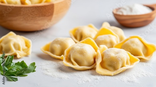A close-up of handmade agnolotti stuffed with ricotta cheese elegantly presented on a rustic wooden table showcasing culinary artistry and delicious flavors