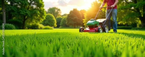 Big garden grass field being mowed by a Caucasian gardener on a sunny day,  outdoors,  tool