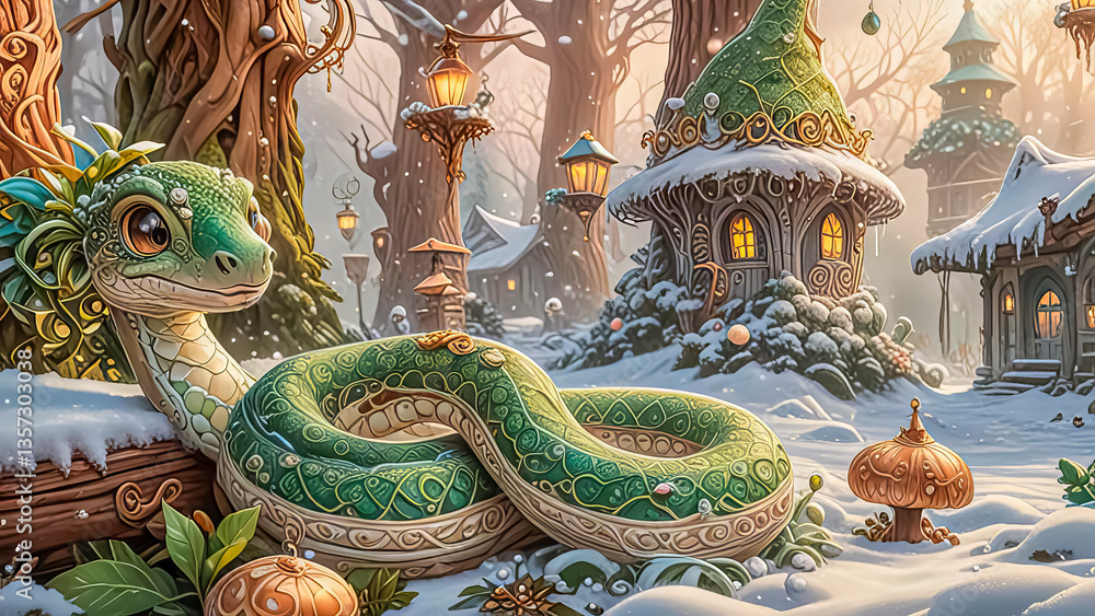Portrait of a green snake in a Santa hat, Symbol of the year according to the Eastern calendar Portrait of a green snake in a Santa hat, Symbol of the year according to the Eastern calendar