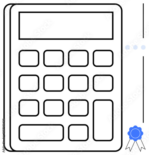 Calculator with simple button layout and award ribbon emphasizes precise computation, trust, and certification. Ideal for mathematics, finance, education, professionalism, success, achievement flat