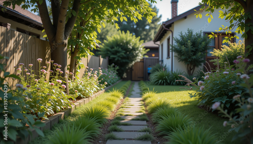 Obraz premium Lush garden pathway leading to a home under clear skies 