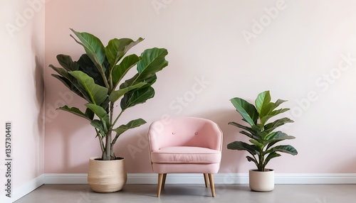 Pink Armchair and Fiddle Leaf Figs in Pastel Pink Room