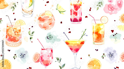 Watercolor tropical cocktails with umbrellas and fresh fruit	
