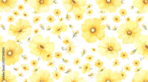 Watercolor seamless pattern yellow flowers on the white background