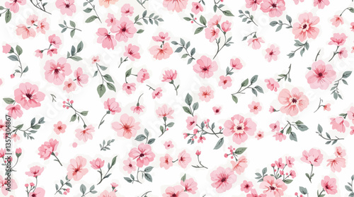 Watercolor seamless pattern pink wild flowers on the white background