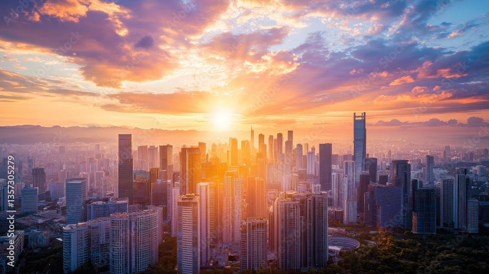 Fototapeta premium Sunrise over modern cityscape