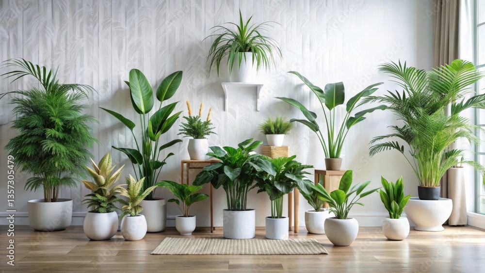 A Serene Indoor Oasis Featuring a Collection of Lush Green Potted Plants Arranged Against a Textured White Wall A Serene Indoor Oasis Featuring a Collection of Lush Green Potted Plants Arranged Against a Textured White Wall