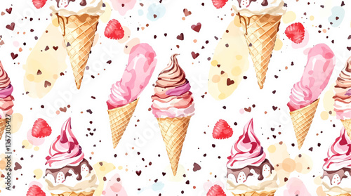 Watercolor Ice Cream Background Colorful Dessert Pattern on White
