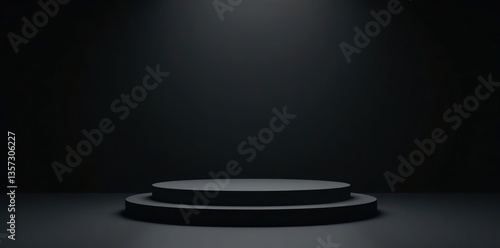 Black podium with long platform on dark background, perfect for product display,  backdrop,  blank