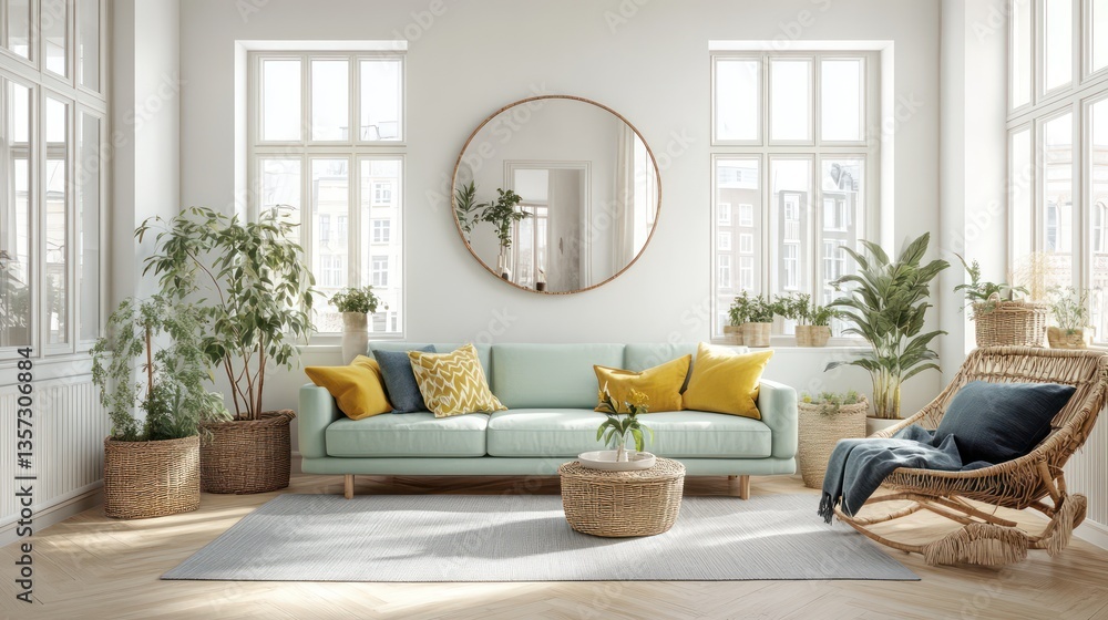 Fototapeta premium A contemporary living room with pale wooden floors and white walls, flooded with sunlight from large windows