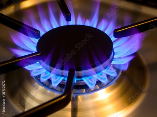 Close-up of vibrant blue-purple gas flames on a modern stovetop