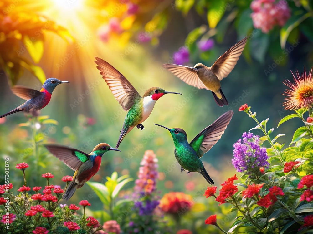 Fototapeta premium Panoramic Hummingbird Garden: Vibrant Floral Paradise