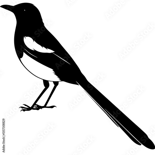A striking magpie silhouette, poised and elegant, a symbol of resilience and cleverness, in stark black and white.