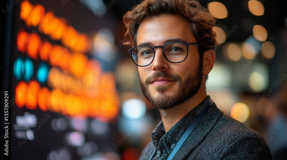 Fototapeta premium A logistics professional with glasses stands confidently at a busy distribution hub, overseeing inventory and sorting processes during peak operations in the warehouse.