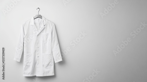 A minimalist photo of a white lab coat hanging on a clean wall. background
