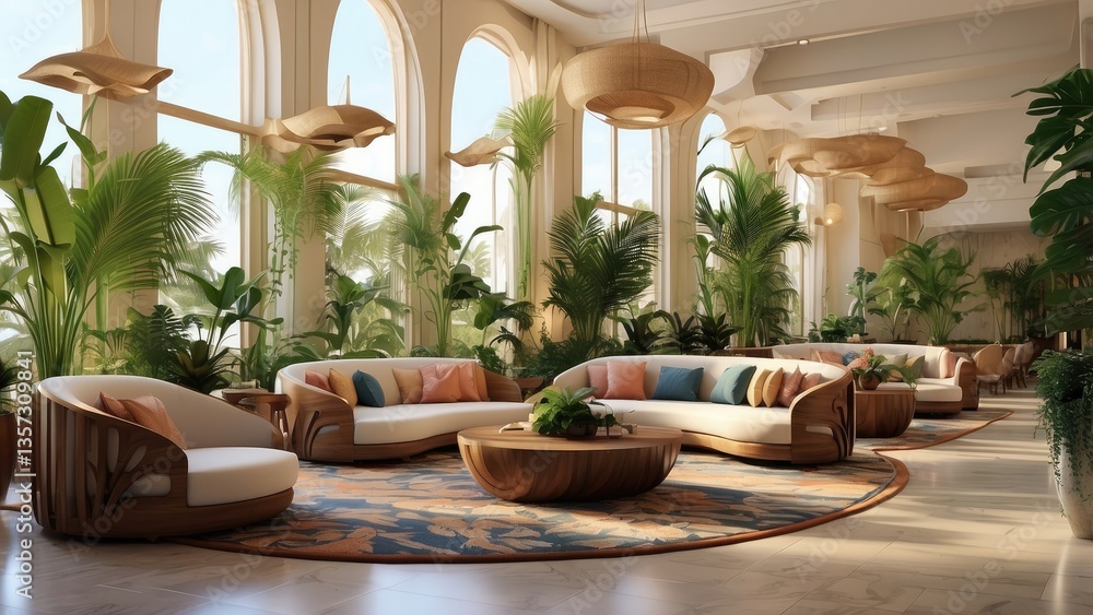 Obraz premium Luxurious hotel lobby with ornate wooden ceilings