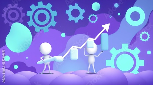 technology teamwork scene with tiny business people and cogwheels showing innovation, strategy and digital development on purple background