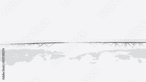 The image is a minimalist black and white photograph of a seascape.  It features a predominantly white background, with a thin, dark horizontal line representing the horizon where the sky and water