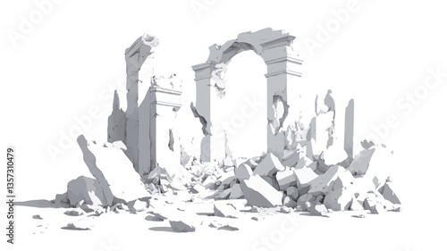 The image depicts a grayscale rendering of crumbling stone ruins.  The ruins appear to be of classical architectural style, featuring remnants of arches and walls.  The overall composition shows