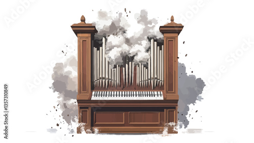 Digital illustration depicting a pipe organ engulfed in a stylized explosion of smoke and debris.  The organ is rendered in a realistic style with detailed woodwork, while the explosion is more