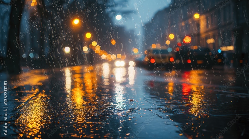Obraz premium Urban rainfall: city street reflecting lights on wet pavement, creating a blurred, moody atmosphere with a focus on the rain's impact.