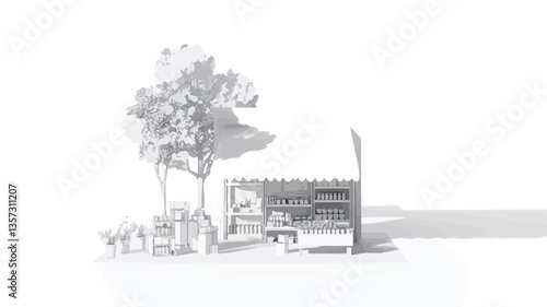 The image is a monochrome, high-angle, close-up shot of a miniature architectural model. The model depicts a simple, possibly rural, structure resembling a barn or shed, positioned slightly